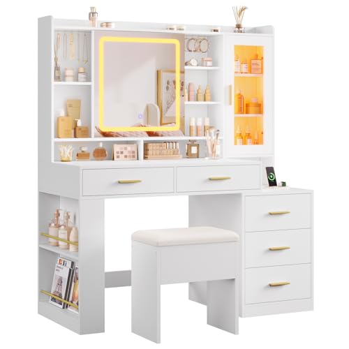 White 47.2"W Vanity Desk with Sliding LED Lighted Mirror, Drawers, Shelves and Side Storage B532578