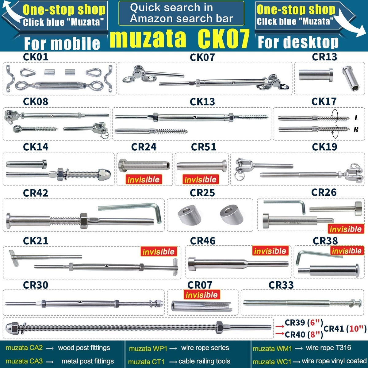 40Set 1/8 Cable Railing Kit Hardware Heavy Duty Turnbuckle M5 Eye to Eye Stainless Steel Angle Adjustable T20404