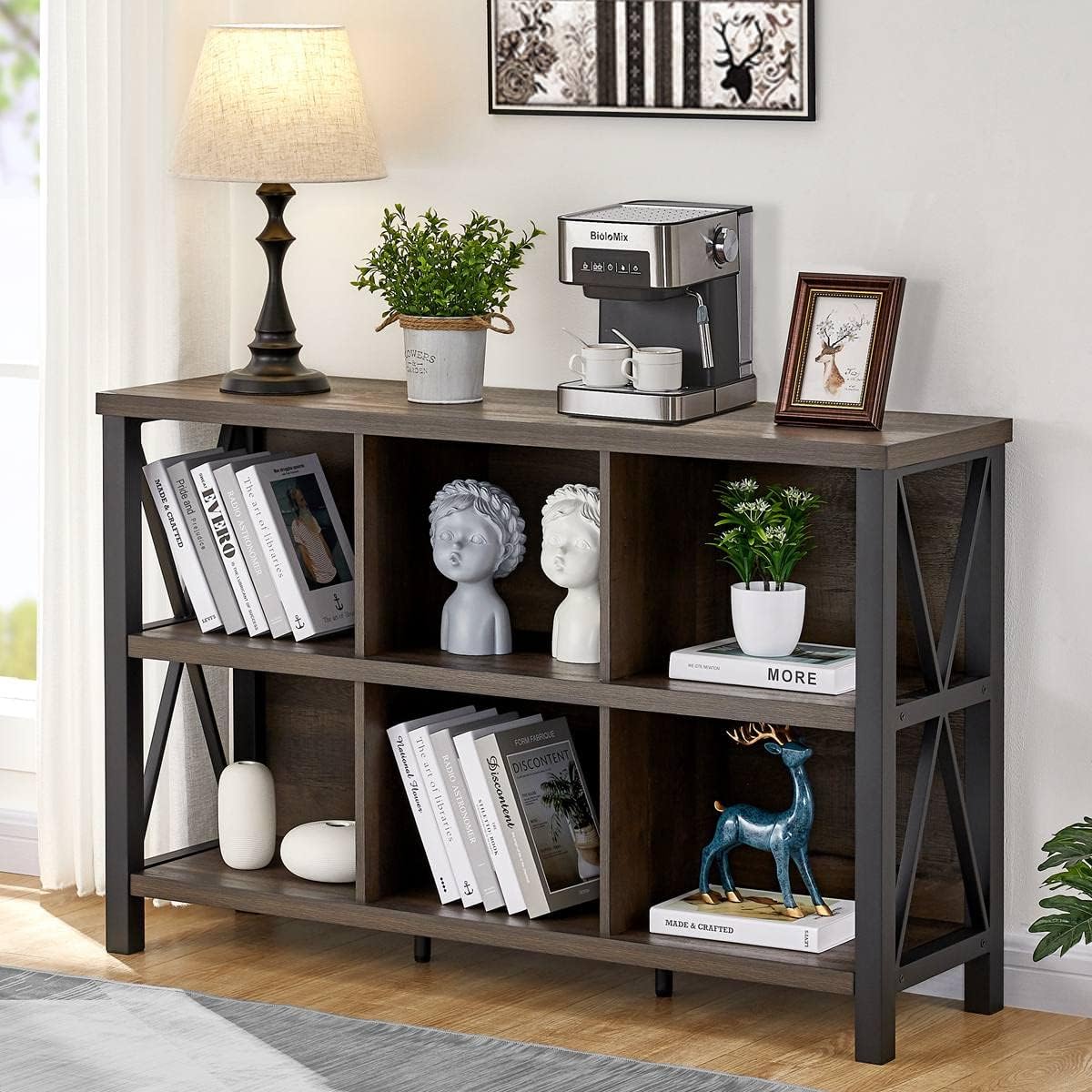 Rustic 6 Cube Storage Organizer with Shelf, Wood and Metal Cubby Bookcase, Industrial Horizontal Bookshelf A688