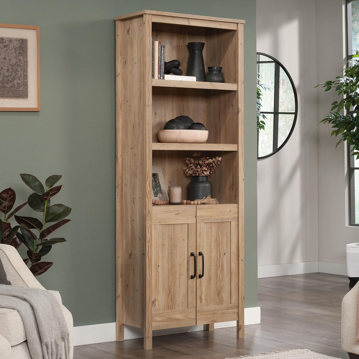 Khaki Pine Finish Bookcase with Doors X337
