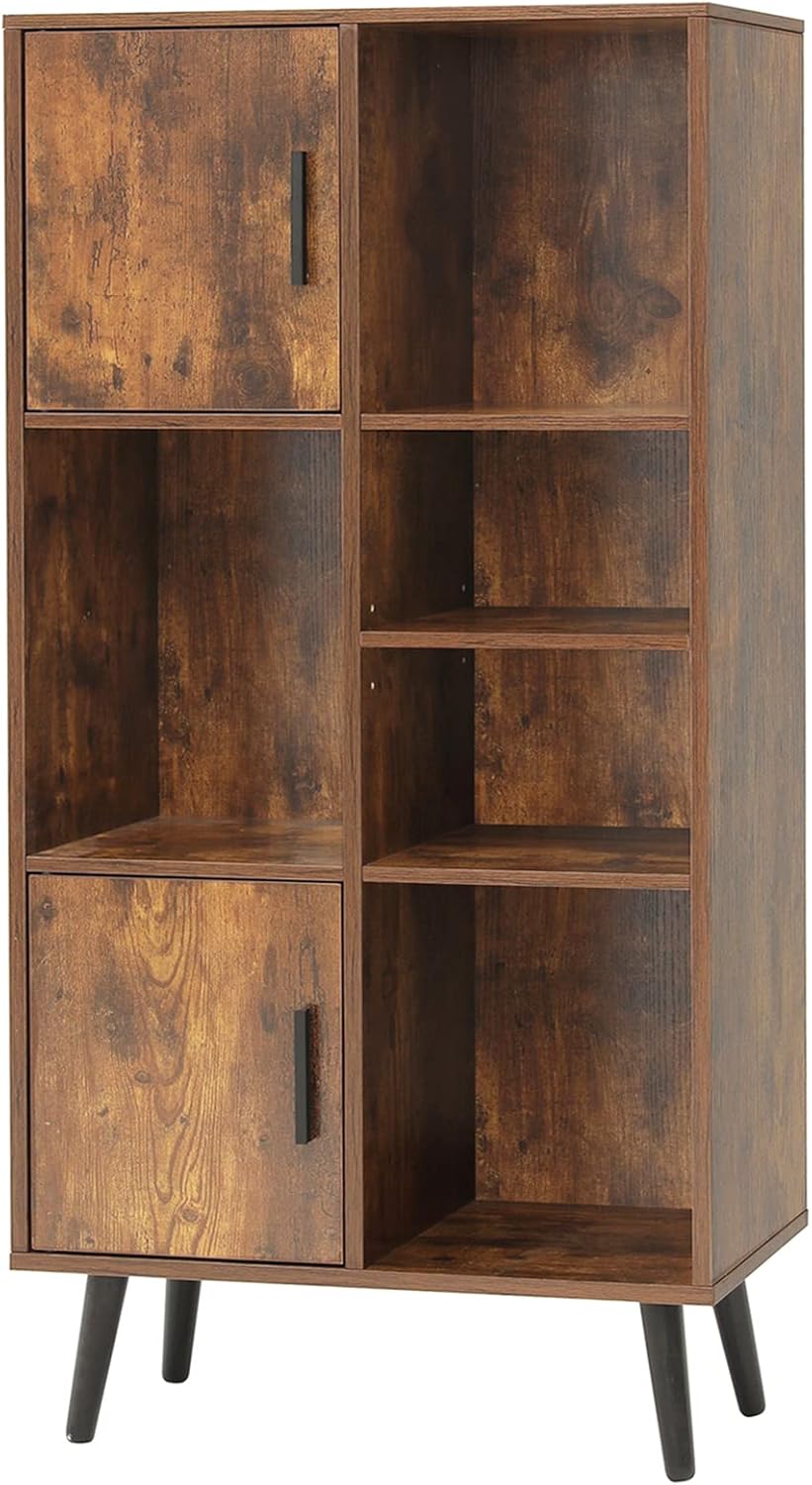 Large Storage Cabinet with 2 Doors, 5 Open Shelves, Adjustable Shelf, Rustic Brown U597