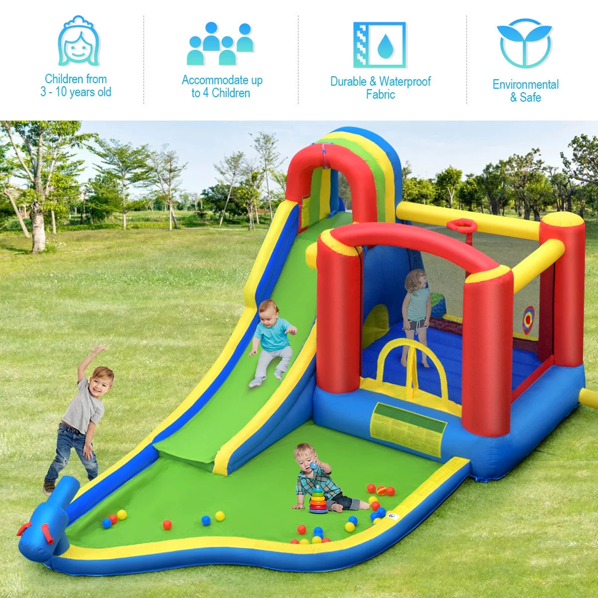 Inflatable Kid Bounce House Slide Climbing Splash Pool Castle with 750W Blower Y190