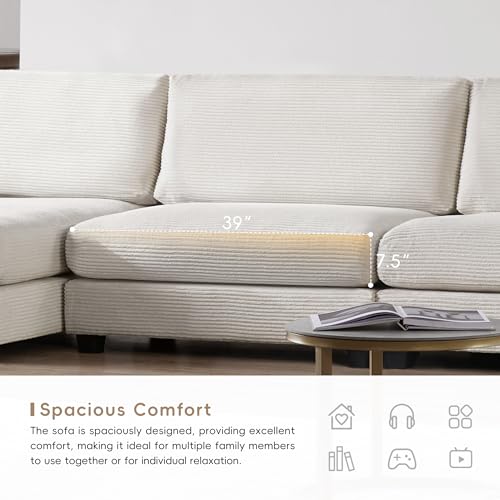 Oversized Corduroy Sectional Sofa with USB Charging Port, Cup Holder, L Shaped Cloud Couch with 50" W Chaise (Gray) V258