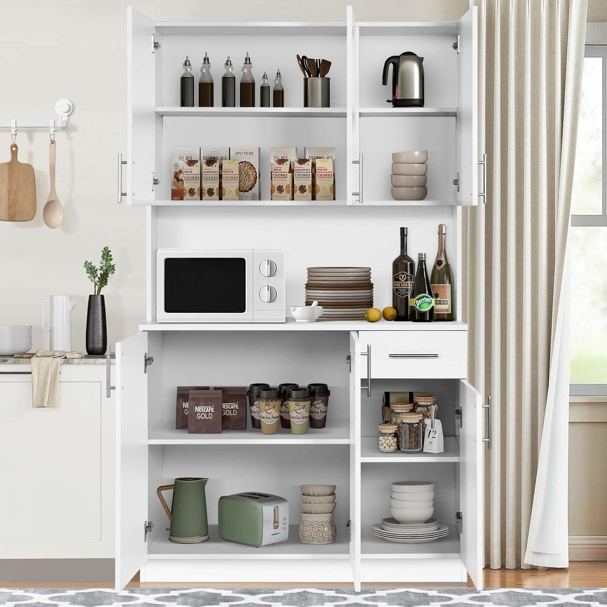 White 71" Freestanding Tall Kitchen Pantry Cabinet with 6 Doors and Drawer I224140