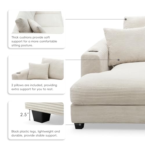 Oversized Corduroy Sectional Sofa with USB Charging Port, Cup Holder, L Shaped Cloud Couch with 50" W Chaise (Gray) V258