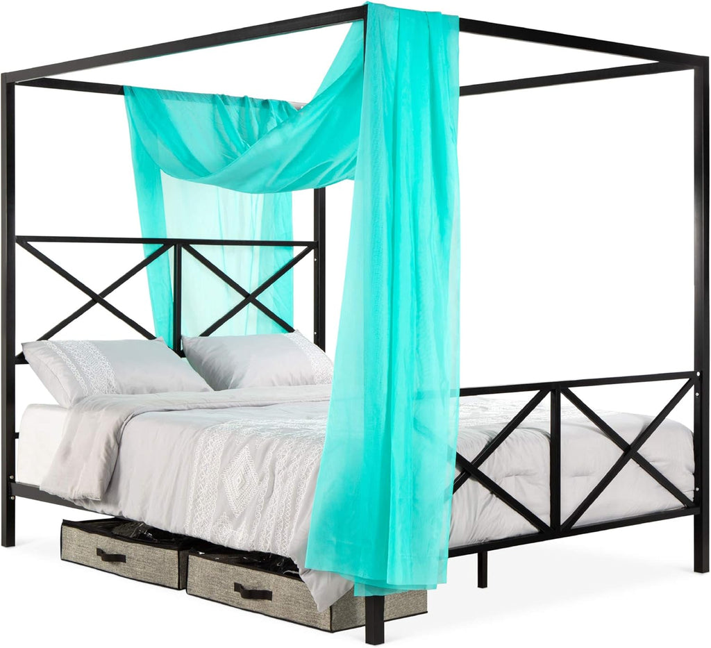 White Queen Size Metal Canopy Bed O892759