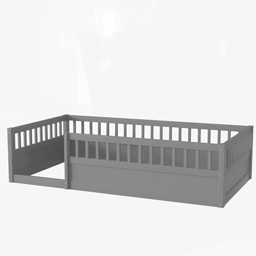 Twin Size White Wood Floor Bed with Rails O239