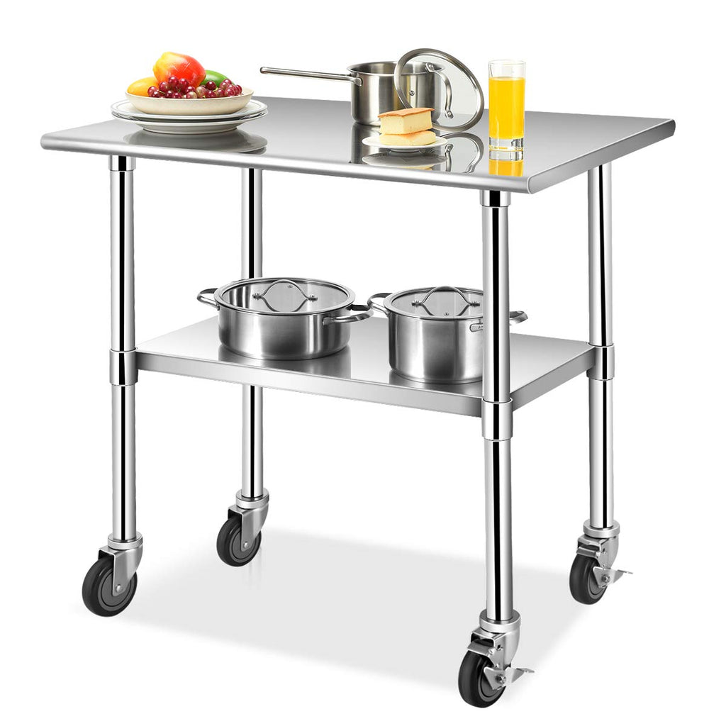 36 × 24 Inches Stainless Steel Work Prep Table with 4 Caster Wheels and Adjustable Lower Galvanized Shelf C8132