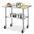 36 × 24 Inches Stainless Steel Work Prep Table with 4 Caster Wheels and Adjustable Lower Galvanized Shelf C8132