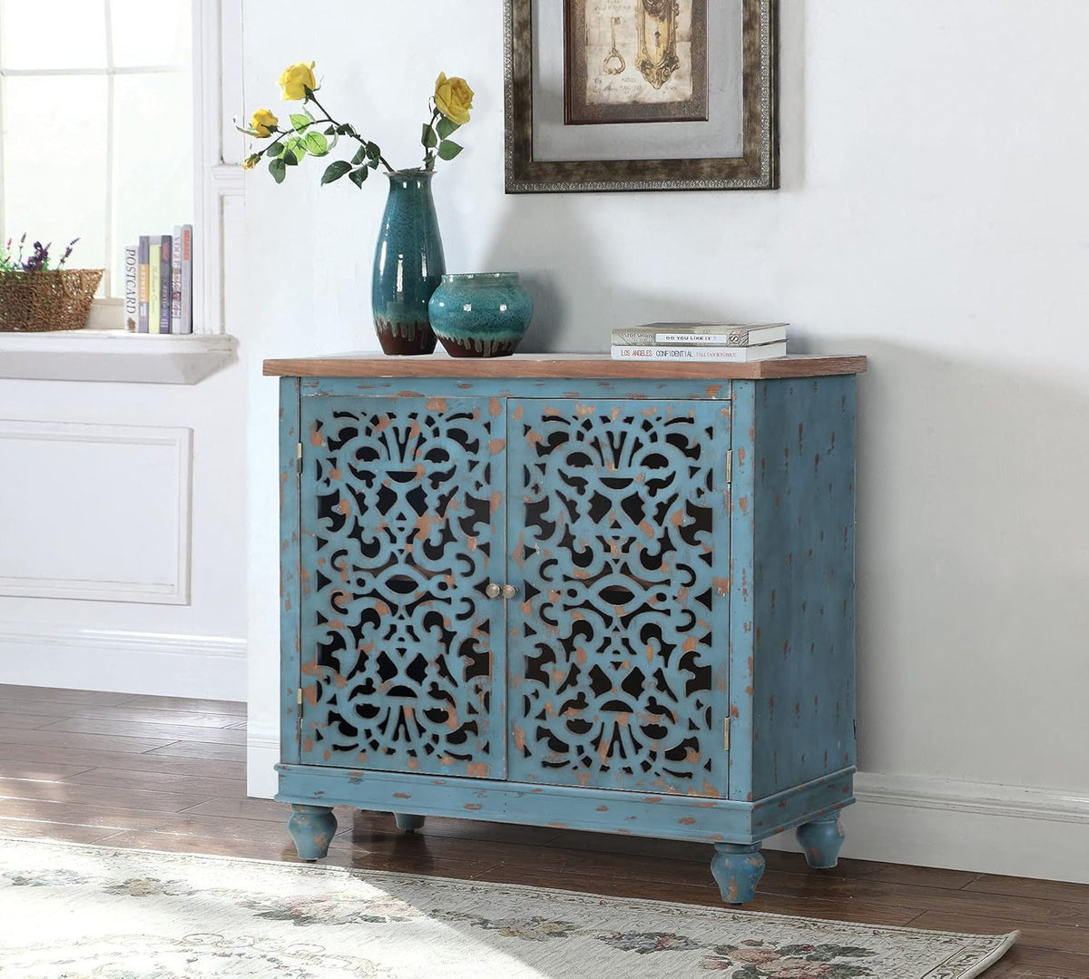 White Distressed Accent Storage Cabinet with 2 Doors L3269