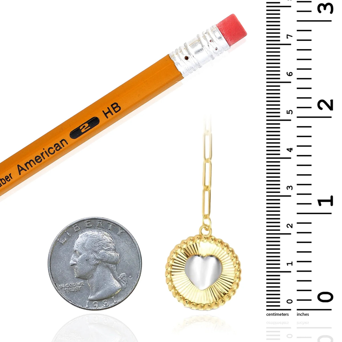 14K Gold Two-Tone Yellow White Round Heart Medallion Paperclip Necklace 18" P7974