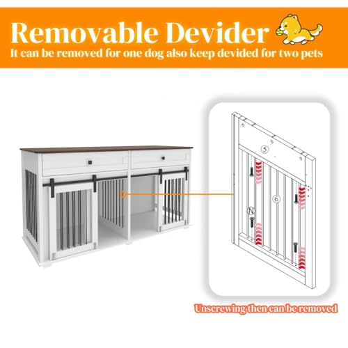 Brown White Dog Crate Furniture for 2 Dogs with Sliding Barn Door F8183