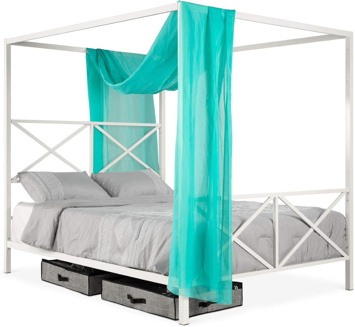 White Queen Size Metal Canopy Bed O892759