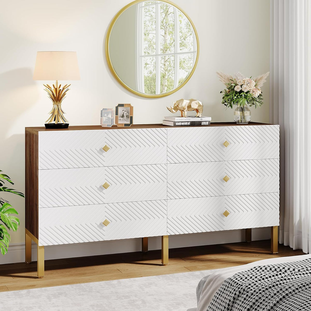 6-Drawer Double Wide Wood Dresser with Gold Legs and Handles, White & Brown C754