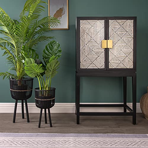 Set of 2 Bamboo Wood Planters on Stands, Brown/Black E8417