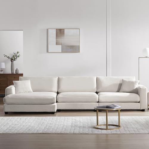 Oversized Corduroy Sectional Sofa with USB Charging Port, Cup Holder, L Shaped Cloud Couch with 50" W Chaise (Gray) V258