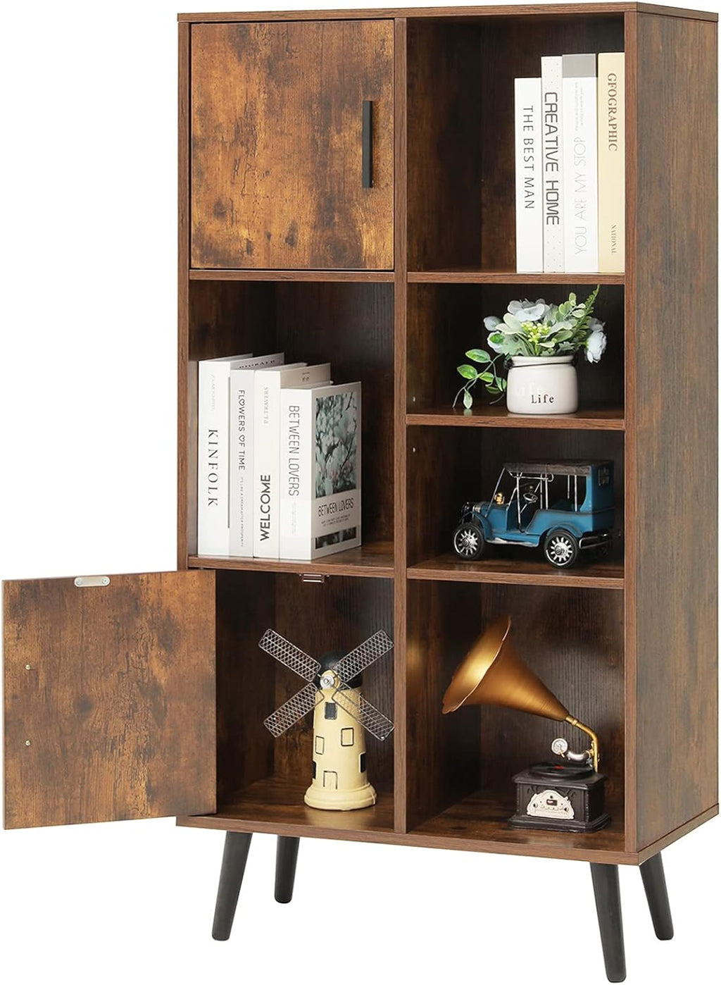 Large Storage Cabinet with 2 Doors, 5 Open Shelves, Adjustable Shelf, Rustic Brown U597