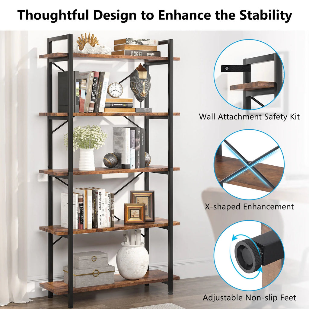 5 Tier Rustic Brown Bookcase V4807