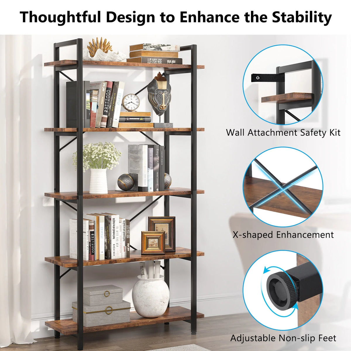 5 Tier Rustic Brown Bookcase V4807