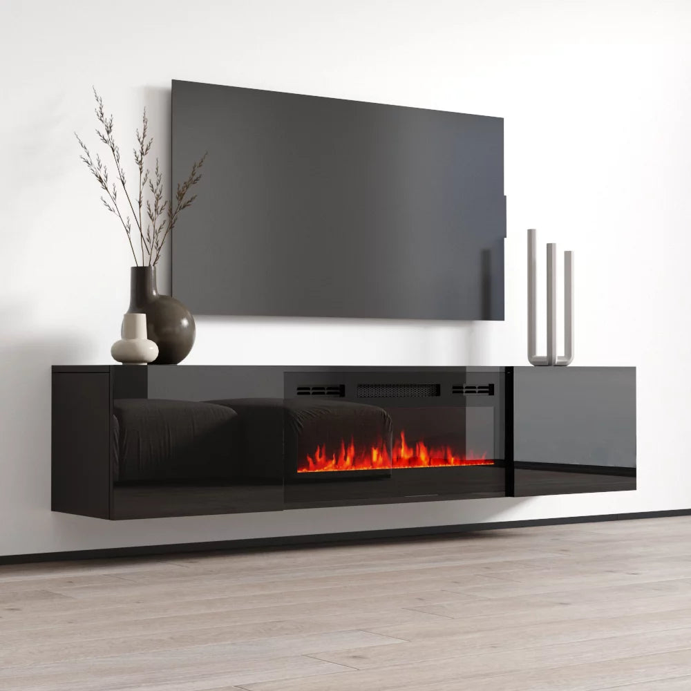 Floating Fireplace TV Stand for TVs up to 80", High Gloss 72" Entertainment Center S2135