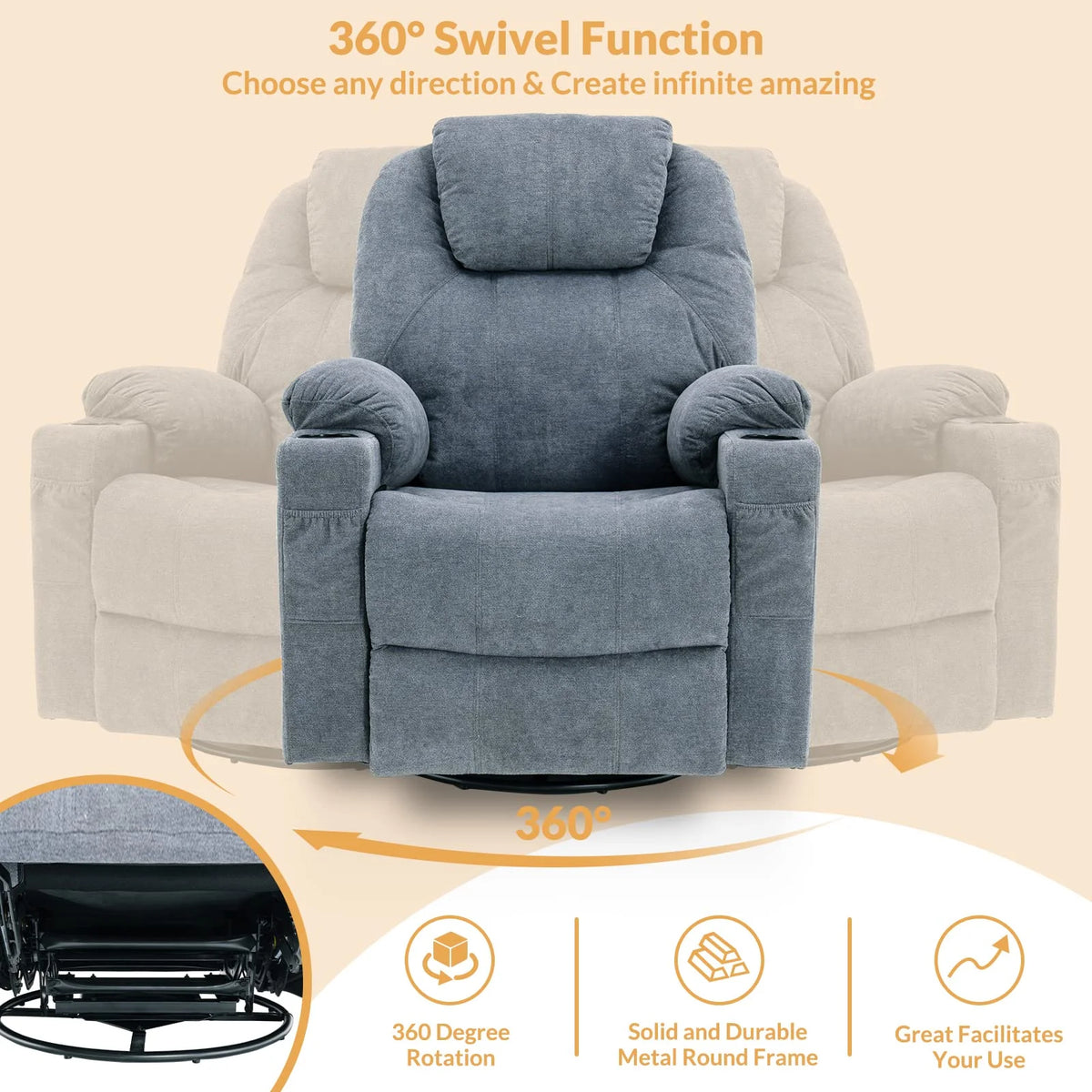 Gray-Blue Swivel Rocker Recliner Chair with Heated Massage Z362