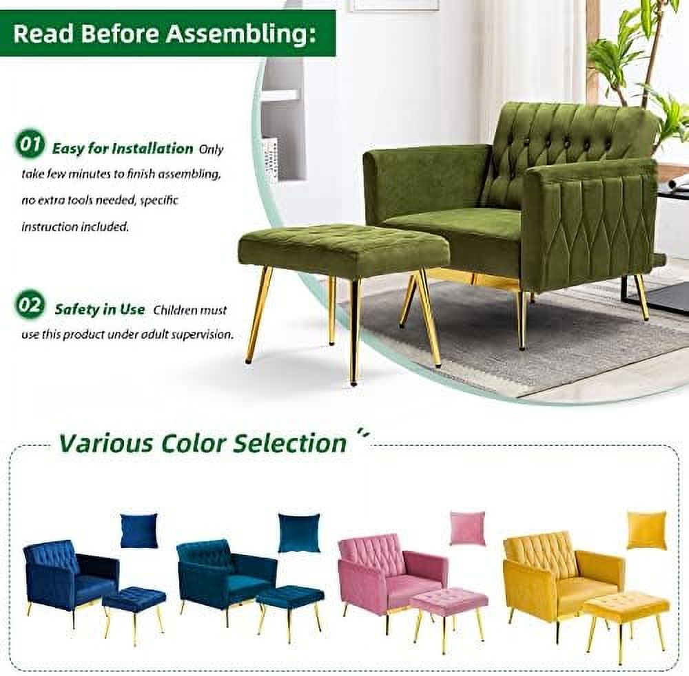 Velvet Accent Chair with Ottoman and Pillow Olive Green T8952