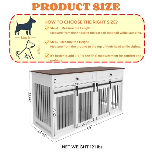 Brown White Dog Crate Furniture for 2 Dogs with Sliding Barn Door F8183