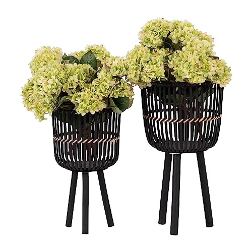 Set of 2 Bamboo Wood Planters on Stands, Brown/Black E8417