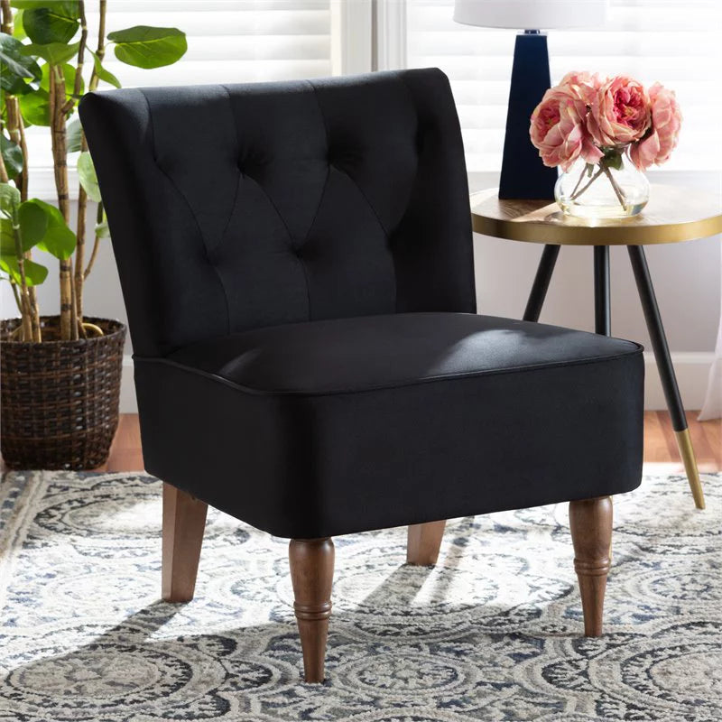 Black Velvet and Walnut Brown Wood Accent Chair G93646