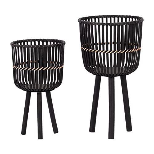 Set of 2 Bamboo Wood Planters on Stands, Brown/Black E8417