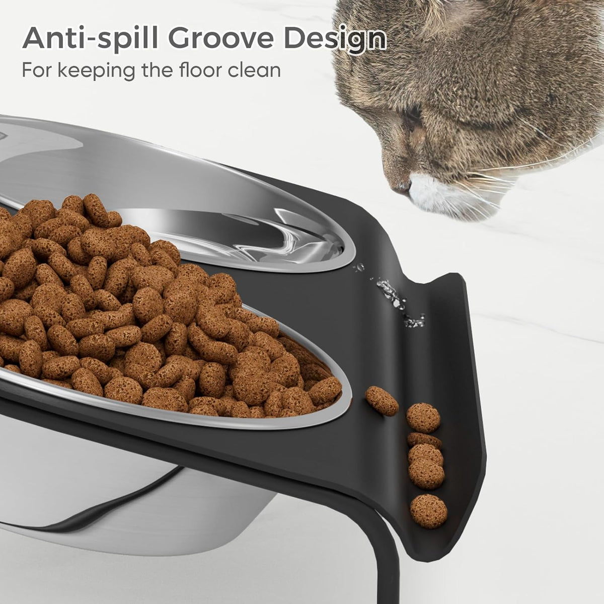 Raised Cat Food and Water Bowl Set with Stainless Steel Stand, 15° Tilted Elevated Cat Bowl, Double Metal Bowls B1989
