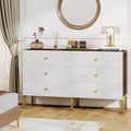6-Drawer Double Wide Wood Dresser with Gold Legs and Handles, White & Brown C754