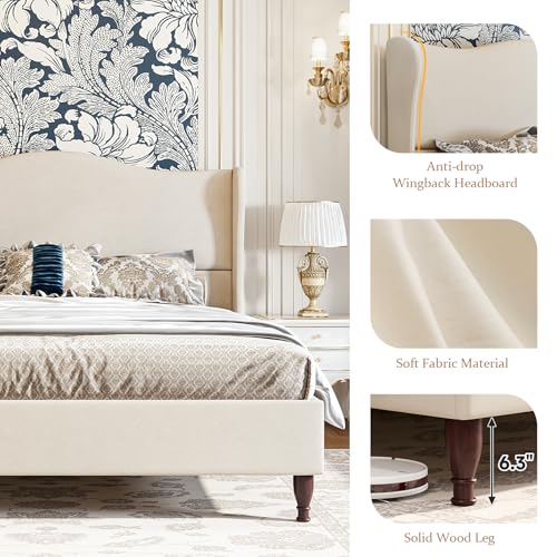 Beige King Size Upholstered Platform Bed with Tall Headboard U1762