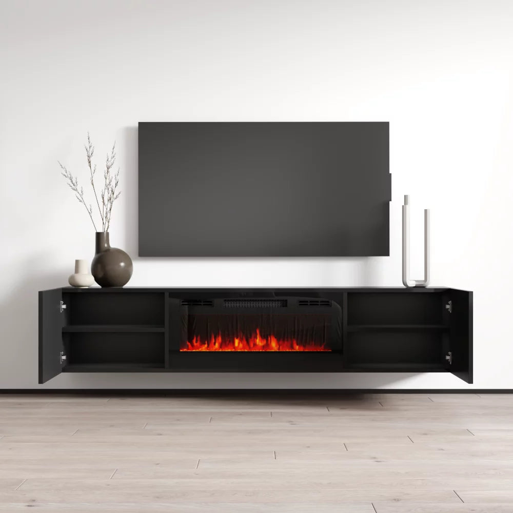 Floating Fireplace TV Stand for TVs up to 80", High Gloss 72" Entertainment Center S2135