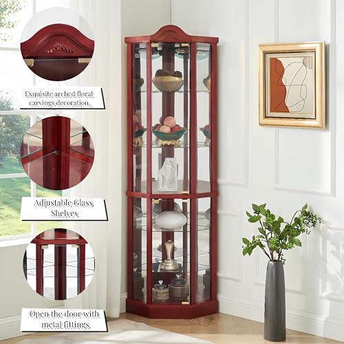 Antique Style Glass Corner Curio Display Cabinet with Adjustable Shelves and Push-to-Open Doors (Cherry) R60591