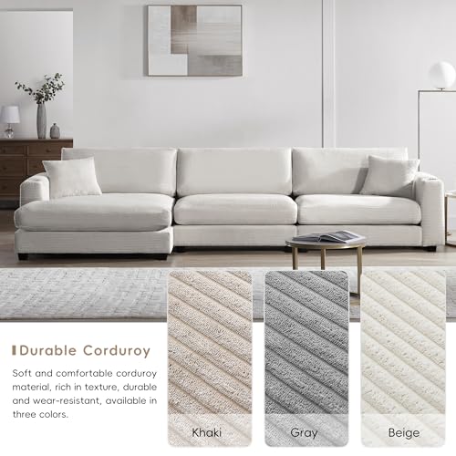 Oversized Corduroy Sectional Sofa with USB Charging Port, Cup Holder, L Shaped Cloud Couch with 50" W Chaise (Gray) V258