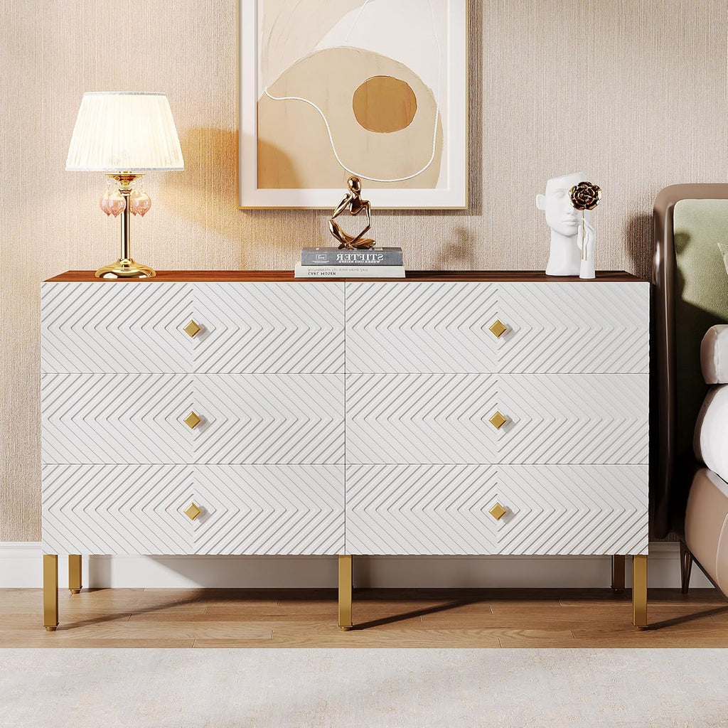 6-Drawer Double Wide Wood Dresser with Gold Legs and Handles, White & Brown C754
