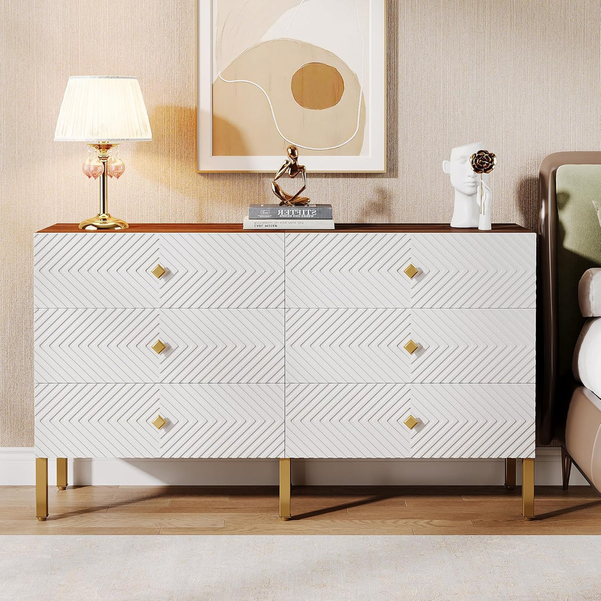 6-Drawer Double Wide Wood Dresser with Gold Legs and Handles, White & Brown C754