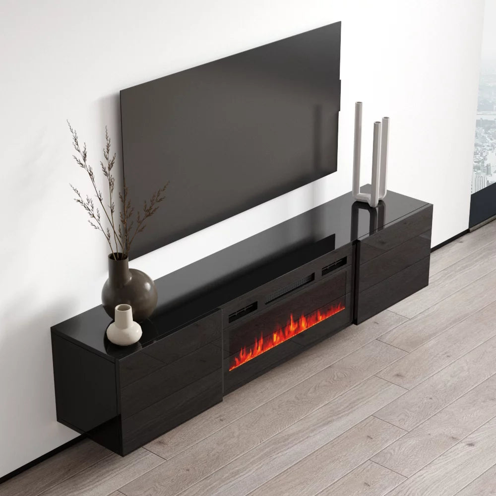 Floating Fireplace TV Stand for TVs up to 80", High Gloss 72" Entertainment Center S2135