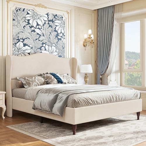 Beige King Size Upholstered Platform Bed with Tall Headboard U1762