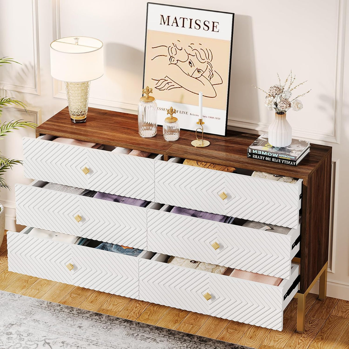 6-Drawer Double Wide Wood Dresser with Gold Legs and Handles, White & Brown C754