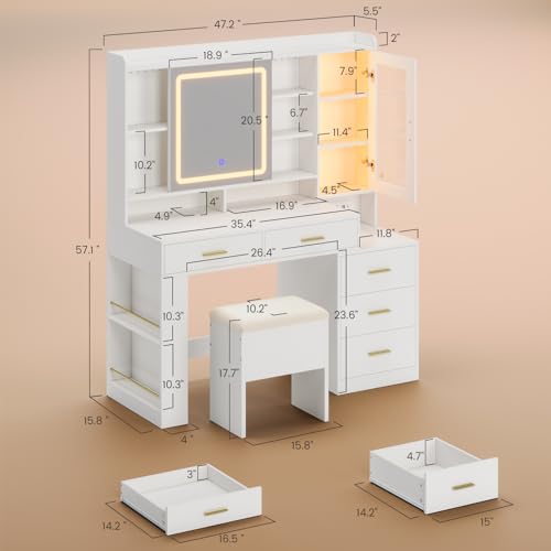 White 47.2"W Vanity Desk with Sliding LED Lighted Mirror, Drawers, Shelves and Side Storage B532578