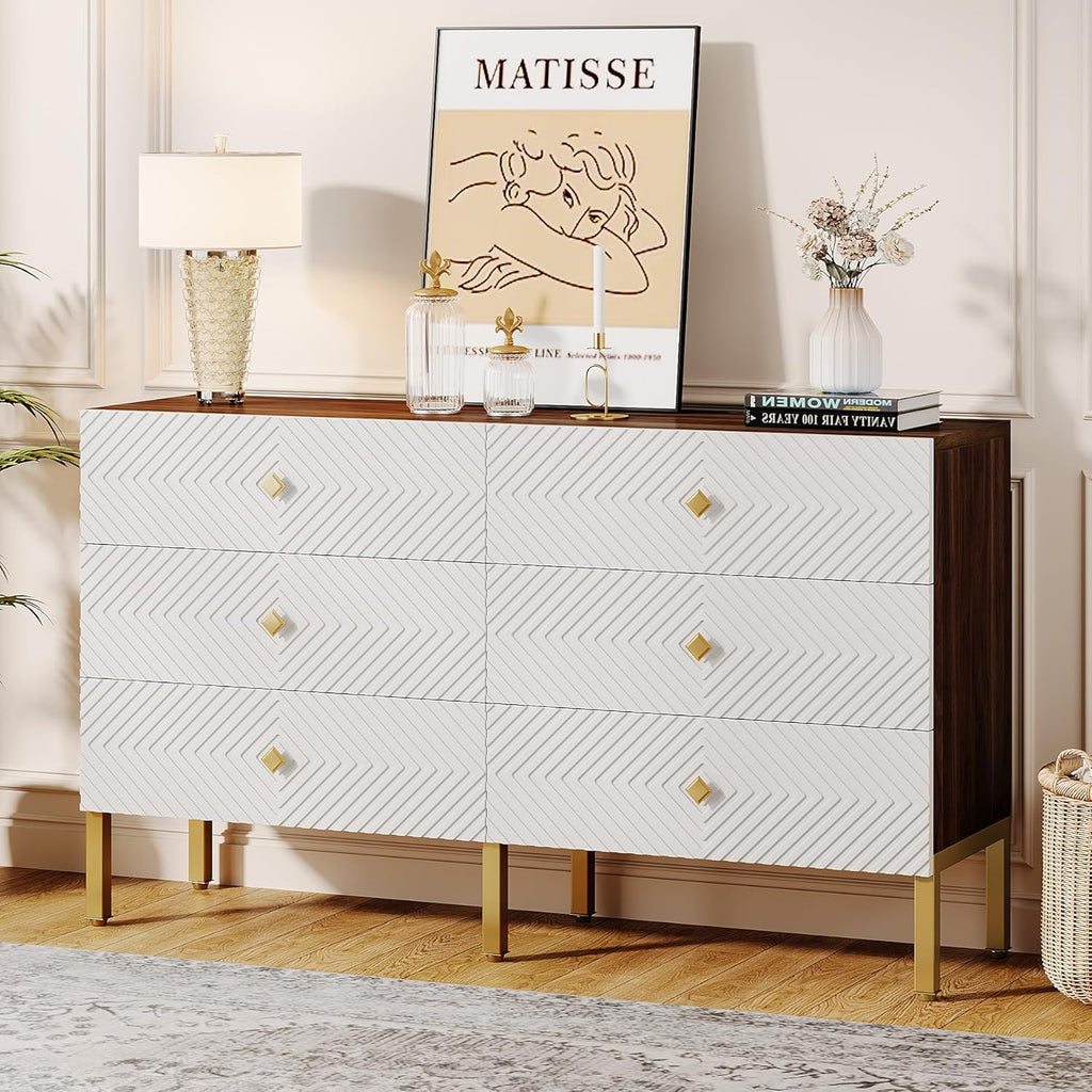 6-Drawer Double Wide Wood Dresser with Gold Legs and Handles, White & Brown C754
