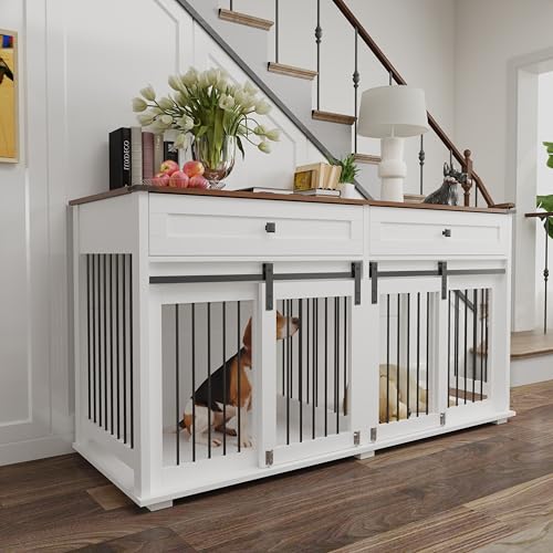 Brown White Dog Crate Furniture for 2 Dogs with Sliding Barn Door F8183