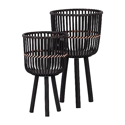 Set of 2 Bamboo Wood Planters on Stands, Brown/Black E8417