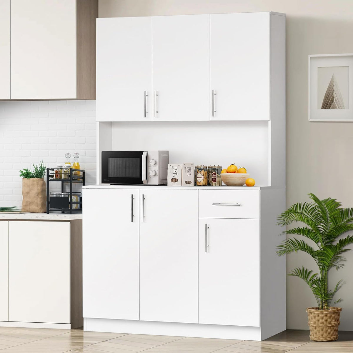 White 71" Freestanding Tall Kitchen Pantry Cabinet with 6 Doors and Drawer I224140
