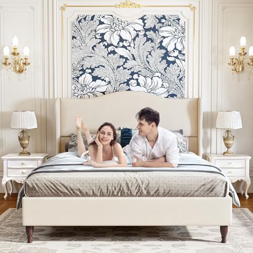 Beige King Size Upholstered Platform Bed with Tall Headboard U1762