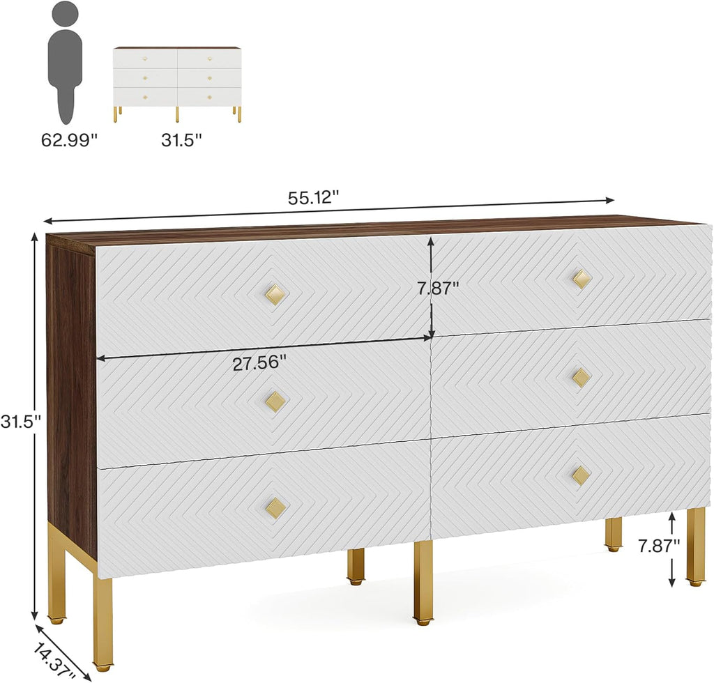 6-Drawer Double Wide Wood Dresser with Gold Legs and Handles, White & Brown C754