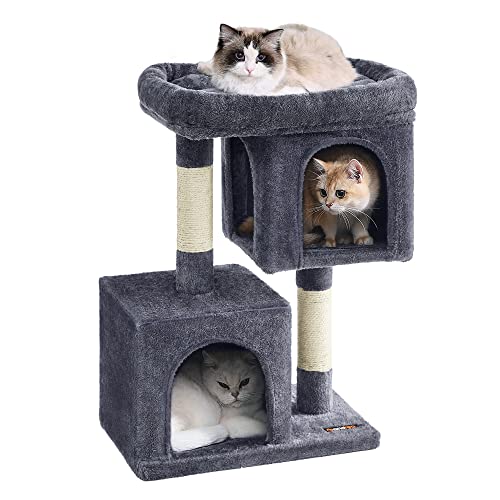 Light Gray Cat Tree with 2 Cat Caves and Scratching Post W3404