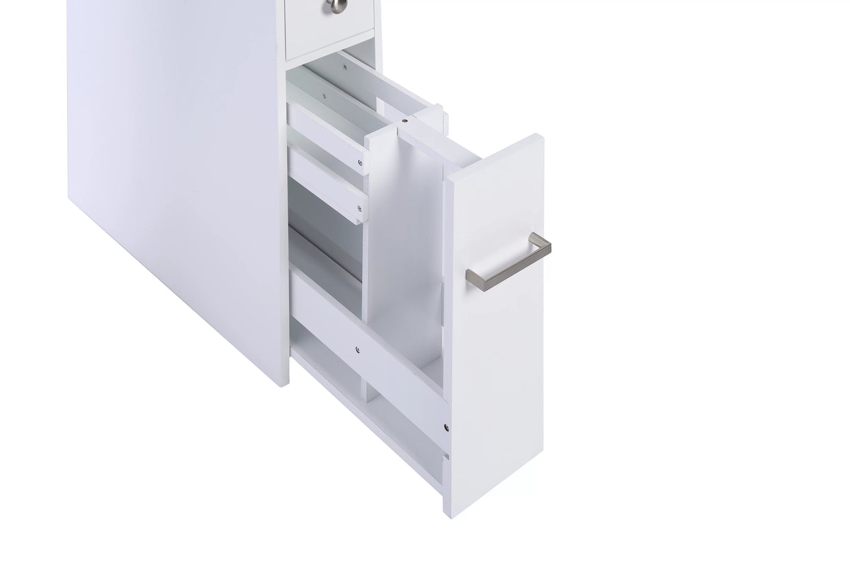 White Slim Bathroom Storage Cabinet with Toilet Paper Holder and Slide Out Drawer W556